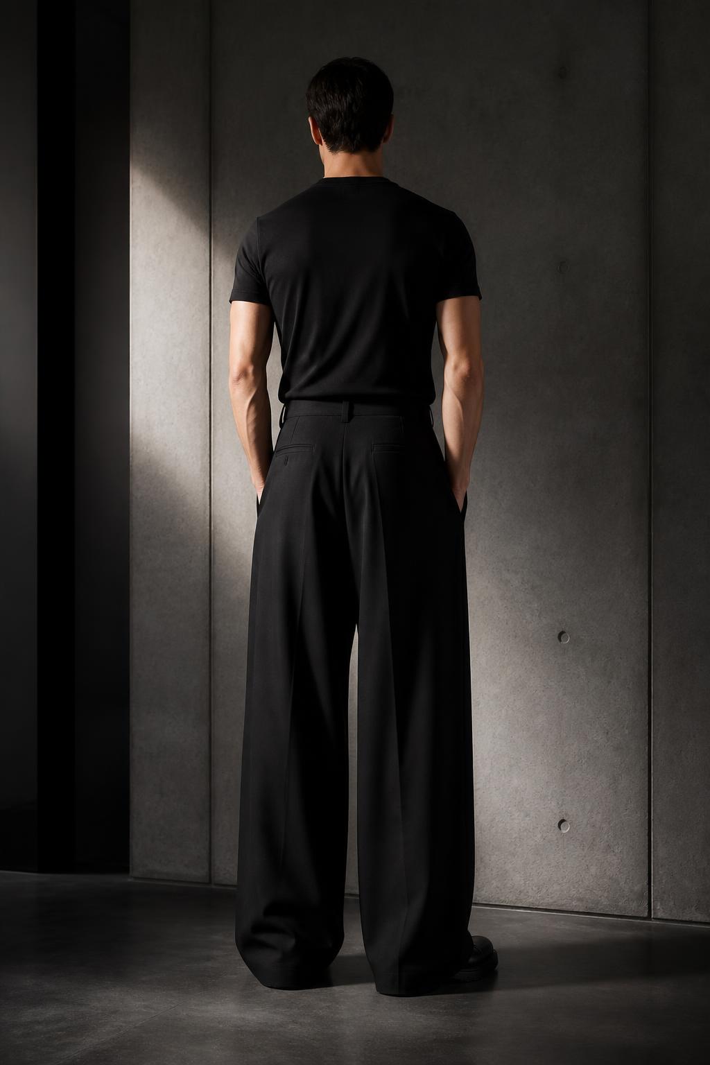 Back view of the 001 Wide Trouser showing the full width of the leg