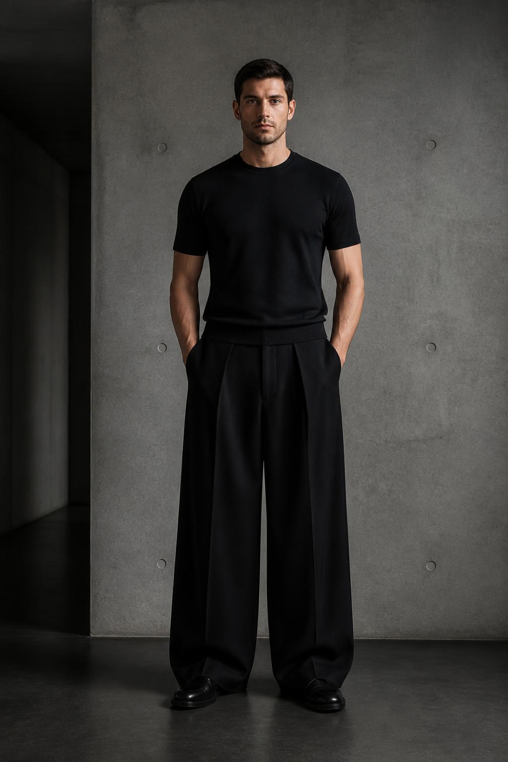 Front view of the 001 Wide Trouser worn with a fitted black tee