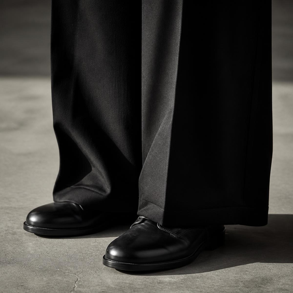 Hem of the 001 Wide Trouser falling over black leather shoes