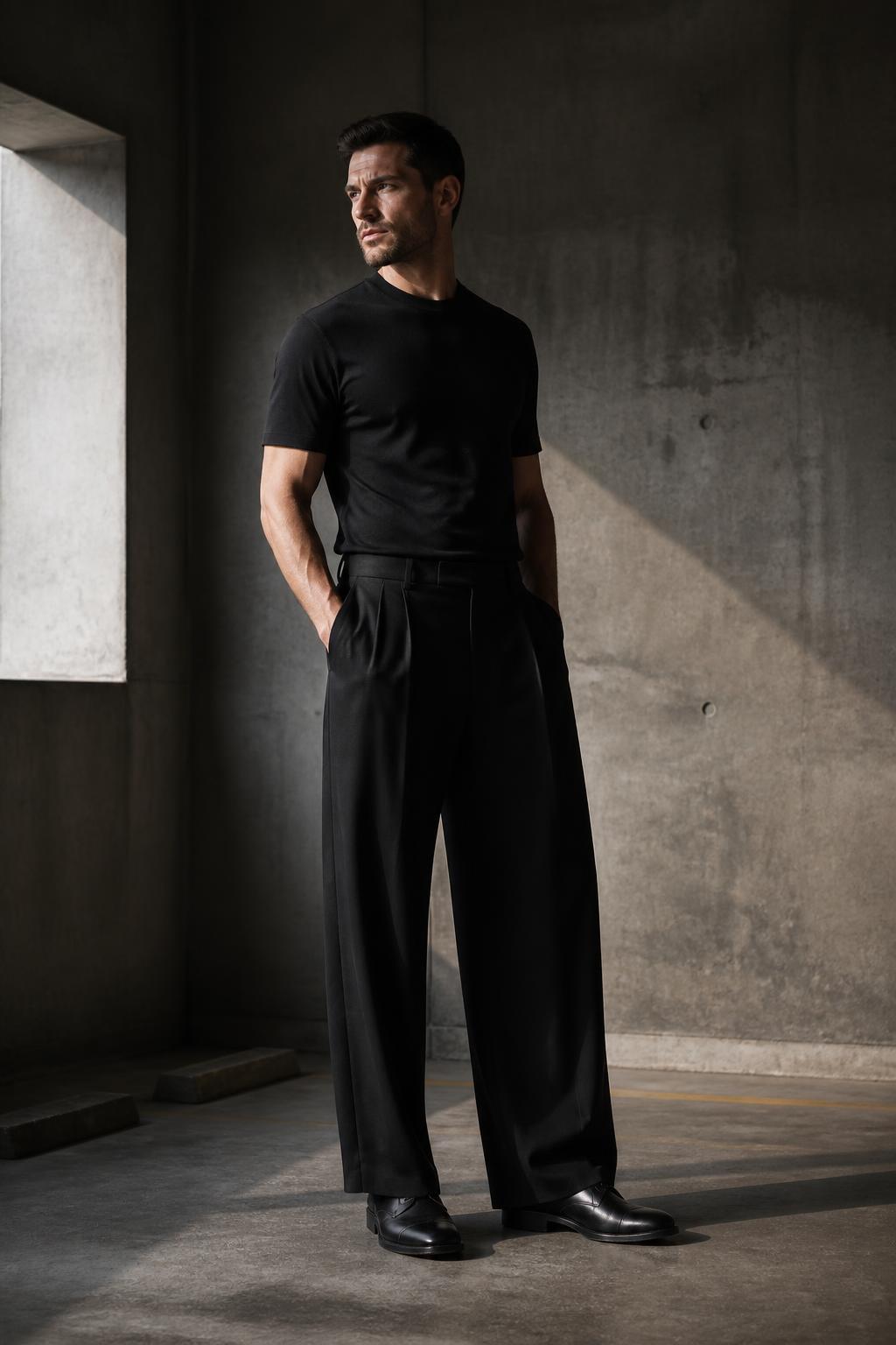 Man in a fitted black tee and wide black trousers in a concrete space